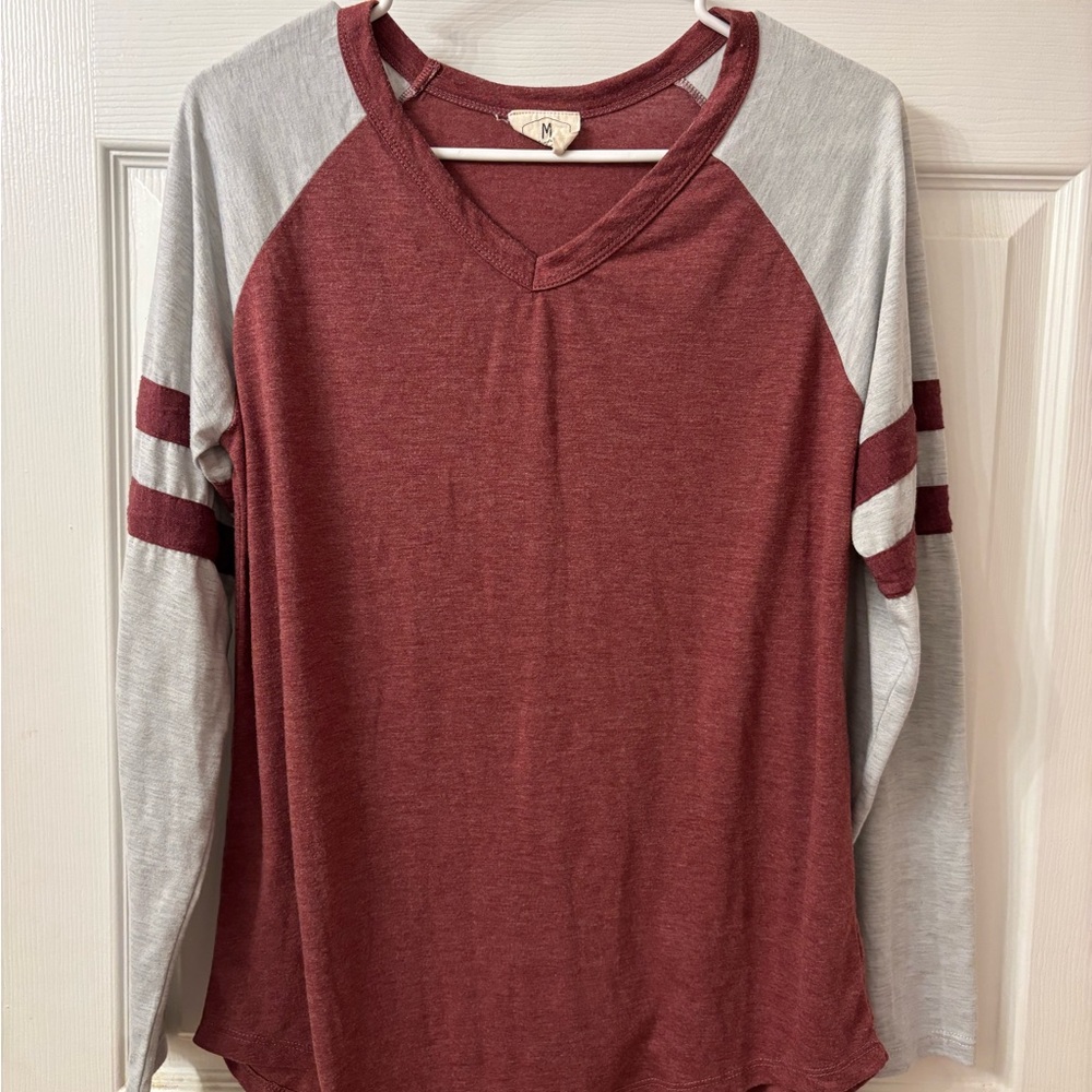 Women's Burgundy and Gray Long Sleeve Top